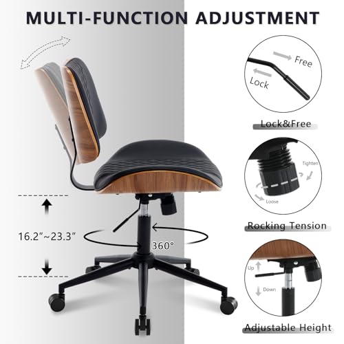 Home Office Chair No Arms with Wheels, Mid Back Walnut Style,Black-2 | Adjustable Height Small Desk Chair, PU Leather Mid Back 360 Swivel Computer Seating, Armless Walnut Office Chair, 300LBS - color: Black, size: MCM Style-2Pack