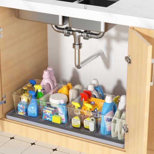 Waterproof Under Sink Mat 34"x22" with 4 Pcs Clear Plastic Storage Bins, Kitchen Bathroom Under Sink Organizer Set, Cabinet Shelf Liner Protection Mat for Pantry Apartment Home Organization Essentials