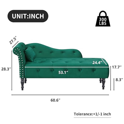 60" Modern Velvet Chaise Lounge Indoor,Upholstered Lounge Chair with Left Armrest and Lumbar Pillow, Button Tufted Lounge Sofa for Living Room Bedroom Office,Mini Chaise Longue Sofa (Green) - color: Green