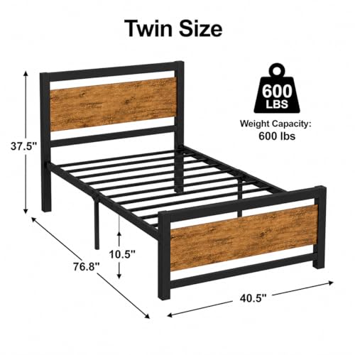 Twin Bed Frame with Headboard, Metal Platform Twin Bed Frames with Steel Slat Support, 10.5 in Storage Clearance, No Box Spring Needed, Easy Assembly, Black Brown - color: Black&brown, size: Twin