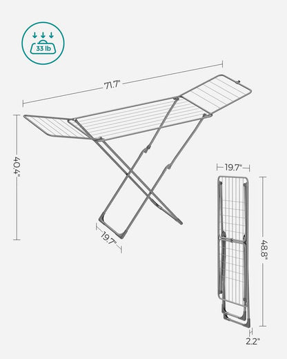 SONGMICS Clothes Drying Rack, Metal Laundry Drying Rack, Foldable, Space-Saving, Free-Standing Airer, with 2 Gullwings, Indoor Outdoor Use, Bed Linen Clothing, Gray ULLR540G01 - color: Gray, style: 2 Gullwings（19.7"D)