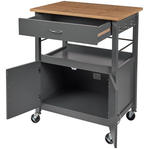 Kitchen Island Cart on Wheels, Gray Base, Natural Bamboo Top | Drawer, Storage Cabinet, Shelf, Butcher Block - color: Grey Base