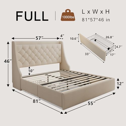 Einhomn Upholstered Full Size Bed Frame with 4 Storage Drawers, Platform Bed with Wingback Headboard, Charging Station, No Box Spring Needed, Beige - color: Beige, size: Full