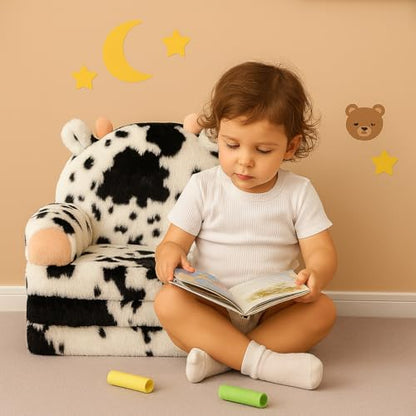 QIUODO Comfy Toddler Couch Chair, 2-in-1 Foldable Kids Sofa | Fold Out Toddler Couch with Faux Rabbit Fur, Soft Kids Sofa for Reading, Bedroom or Playroom Use, Ages 1-3（Cow）