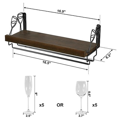 Love-KANKEI Wine Rack with Stemware Hanger,Solid Wood,17inch,Dark Brown | Wine Glass Rack,Floating Wall Shelf,Easy to Install,40 Lbs/shelf,For Kitchen,Dinning Room,Home Bar,Living Room,Elegant Design - color: Dark Brown