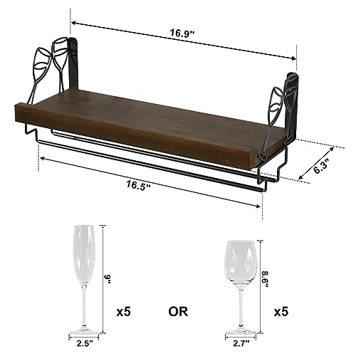 Love-KANKEI Wine Rack with Stemware Hanger,Solid Wood,17inch,Dark Brown | Wine Glass Rack,Floating Wall Shelf,Easy to Install,40 Lbs/shelf,For Kitchen,Dinning Room,Home Bar,Living Room,Elegant Design - color: Dark Brown