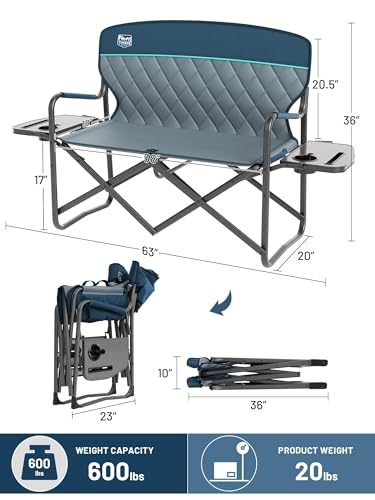 TIMBER RIDGE Double Camping Chair Portable Loveseat, Heavy Duty Folding Camp Couch, 2 person Director Chairs with Cup Holder for Outdoor Lawn Tailgates Picnic Sports Soccer Games Supports 600 lbs Blue | Heavy Duty Folding Camp Couch for 2 Person with Cup