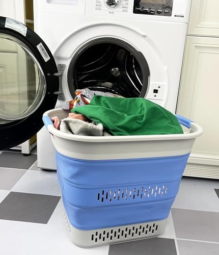 SAMMART 40L (10.5 Gallon) Collapsible Plastic Laundry Basket - Foldable Pop Up Storage Container/Organizer - Portable Laundry Hamper - Space Saving (1, Grey/Little Boy Blue) - color: Grey/Little Boy Blue