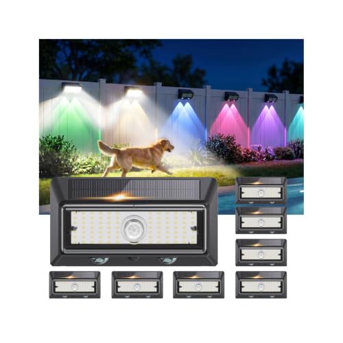 Tenmiro Solar Motion Sensor Lights 8 Pack, 2-in-1 Outdoor Wall Lights IP65 Waterproof with 36 LED Sensor Main Light + 2 LED 9 Color RGB Ambient Lighting Solar Lights for Patio Yard Fence Garden Decor - size: 8 Pack