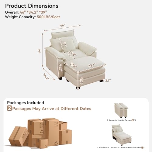46''Cloud Oversized Sofa Chair with Detachable Headrest, Upholstered Comfy Arm Accent Chair with Ottoman,Modern Chenille Reading Lounge Armchair for Living Room,Bedroom, Beige - color: Beige, size: Oversized Chair with Ottoman