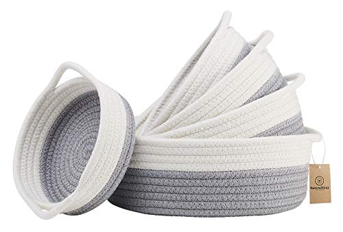5-Piece Round Woven Cotton Rope Storage Baskets for Organizing, Small Shallow Nesting Set for Montessori Toys, Entryway Catchall, Fruit Bowl, Key Tray, Remote Holder, Nursery & Pet Toys - color: Off White & Gray
