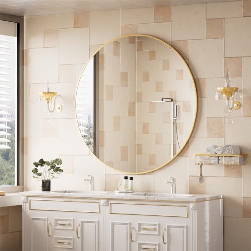 BEAUTYPEAK 42 Inch Round Mirror, Metal Frame Circle Mirror, Gold | Wall Mounted for Entryway, Bathroom, Vanity, Living Room - color: Gold, size: 42"L x 42"W