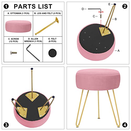 GERANT Multifunctional Vanity Stools - Velvet Round Ottoman Modern Dressing Stool -Upholstered Footrest Stool - Side Table Footstool with Golden Metal Leg for Living Room, Bedroom (Pink) - color: Pink