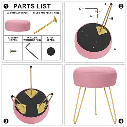 GERANT Multifunctional Vanity Stools - Velvet Round Ottoman Modern Dressing Stool -Upholstered Footrest Stool - Side Table Footstool with Golden Metal Leg for Living Room, Bedroom (Pink) - color: Pink