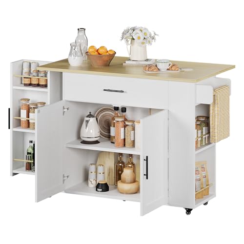 IRONCK 52 in Rolling Kitchen Island on Wheels with Drop Leaf and Drawer | Kitchen Cart with Drop Leaf, Spice and Towel Rack. Large Storage Cabinet. Adjustable Shelf. Bar Cart. Mobile Coffee Station. - color: White