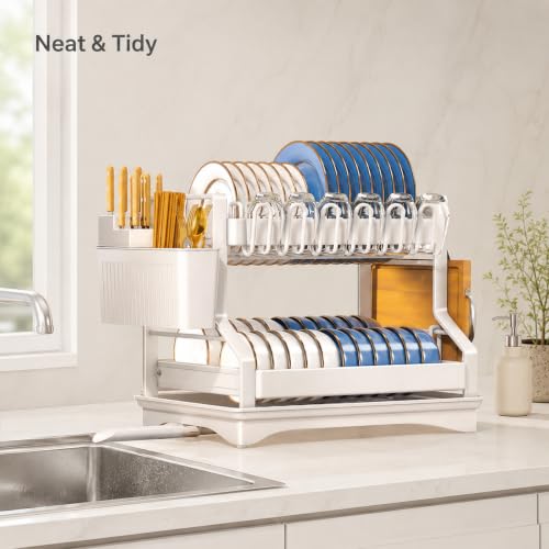 Fandian Dish Drying Rack 2 Tier White Dish Racks for Kitchen Counter and Sink, Large Dish Drying Rack with Drainboard & Utensil Holders Stainless Steel Dish Drainers Kitchen Organization and Storage - color: Ceramic White Dish Racks