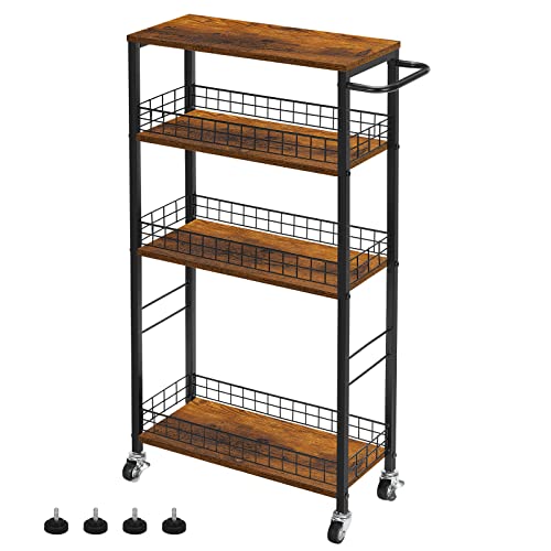 YBING Slim Storage Cart 4 Tier Narrow Kitchen Rolling Cart | Wooden Tabletop, Mobile Utility Stand on Wheels, For Bathroom Laundry Narrow Places, Rustic Brown 16.5"L x 7.3"W x 34.6"H - color: Browm