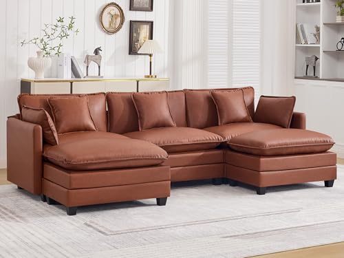 111'' Sectional Cloud Deep Seat Couch, Oversized Leather U Shaped Sectional Sofa for Living Room Set, Comfy Upholstered Modular 5-Seats Sectional Sofa Couch with 2 Movable Ottoman, Leather Brown - color: Pu-dark Brown, size: 111'' U Shape