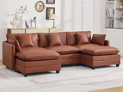 111'' Sectional Cloud Deep Seat Couch, Oversized Leather U Shaped Sectional Sofa for Living Room Set, Comfy Upholstered Modular 5-Seats Sectional Sofa Couch with 2 Movable Ottoman, Leather Brown - color: Pu-dark Brown, size: 111'' U Shape
