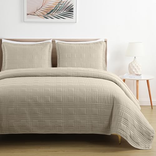 Chezmoi Collection Kingston Queen Size Bedspread Set, 3-Piece Khaki Oversized Quilted Microfiber Lightweight Bedspread Coverlet (100"x106") for All Seasons - color: Khaki, size: Queen