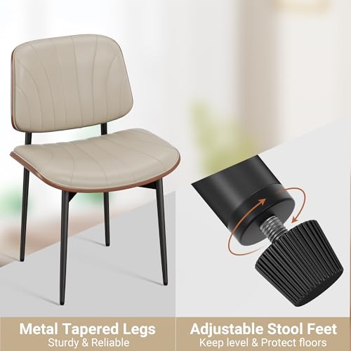 Dining Chairs Set of 2, Mid-Century Modern Upholstered PU Leather Chairs | with Walnut Bentwood Back and Metal Legs Adjustable Feet for Kitchen Dining Room, Greige Shell Strips - color: Greige Shell Strips
