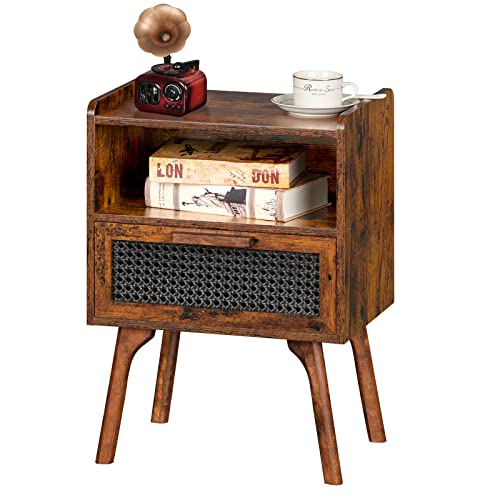 Lerliuo Rattan Nightstand, Boho Side Table with Drawer Open Shelf | Cane Accent Bedside End Table with Solid Wood Legs for Bedroom, Dorm and Small Spaces (Brown) - color: Brown, size: 1 pack
