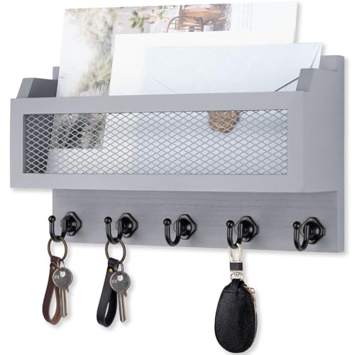Nekon Mail and Key Holder for Wall Decorative, 11 Inch Mail Holder, Gray | Wooden Wall Key Organizer with 5 Key Hooks, Wall Mount Storage Shelf for Entryway Hallway - color: Gray