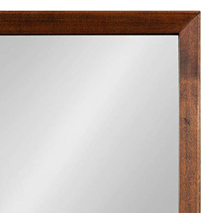 Kate and Laurel Hinter Mid-Century Framed Wall Mirror with Pocket Shelf, 24 x 24, Walnut Brown, Organizing Mail Holder and Wall Hooks