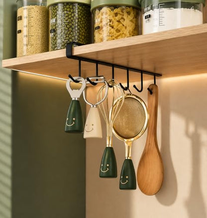 Under Cabinet Mug Holder 2 Pack, 6 Hooks Under Shelf Mug Organizer, Heavy Duty Metal Coffee Cup Holder Rack for Kitchen Cabinet, Space Saving Hanging Storage