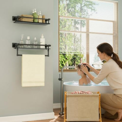 Alise Bathroom Shelf with Towel Bar,16 Inch Matte Black Glass Shelf | Floating Bathroom Glass Shelves,Tempered Glass,SUS304 Stainless Steel - color: Matte Black, size: 16 In