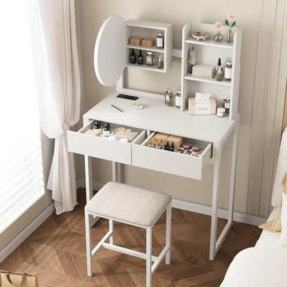 VFK Small Vanity Desk with Mirror and Lights, Makeup Vanity Table with LED Mirror, 3 Lighting Modes, Power Outlet, Drawer, Open Shelves and Cushioned Stool for Bedroom (White) - color: White