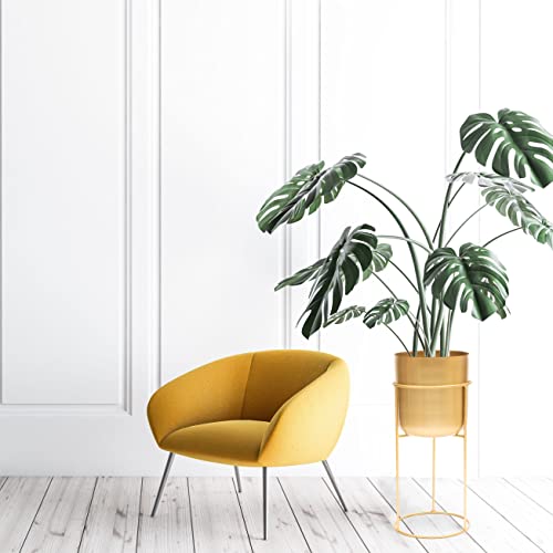 Olly & Rose Matt Metal Plant Pot with Gold Plant Stand - Tall 20 Inch Height Large Plant Pot Indoors with Stand - Large Decorative Planter