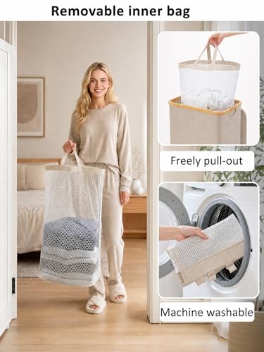 IEGrow Laundry Hamper with Lid,110L Laundry Basket with Mesh Bags,Oatmeal | Dirty Clothes Hamper Basket with Bamboo Handle for Clothes Towels - color: Oatmeal, size: 110L