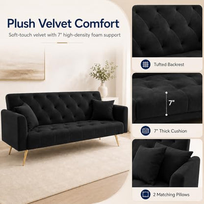 Majnesvon 71" Convertible Folding Sleeper Sofa Couch,Modern Velvet Loveseat Sleeper with 2 Pillows, Futon Sofa Bed with Mattress and Frame for Living Room,Bedroom,Small Space (Black) - color: Black