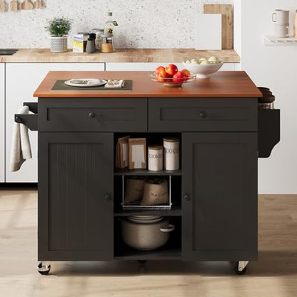Furnify Kitchen Island with Wheels & Drawers, Kitchen Island Cart, Black | Rolling Kitchen Island with Drop Leaf, Mobile Kitchen Storage Cabinet with Towel Rack & Spice Rack for Dining Room, Kitchen