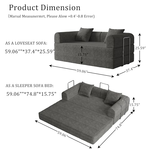 59" Boneless Couch,4-in-1 Futon Sofa Bed Modular Loveseat Sleeper Folding Compressed Couch with Pillows,No Assembly Required Convertible Sofa Bed for Living Room Bedroom Guest Room,Grey - color: Grey, size: 59.06" Loveseat Sofa