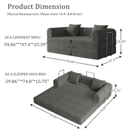 59" Boneless Couch,4-in-1 Futon Sofa Bed Modular Loveseat Sleeper Folding Compressed Couch with Pillows,No Assembly Required Convertible Sofa Bed for Living Room Bedroom Guest Room,Grey - color: Grey, size: 59.06" Loveseat Sofa