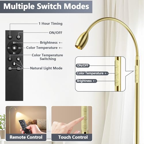 Reading Floor Lamp, 72" LED Dimmable Lamp with Gooseneck,Zoomable Spotlight | Adjustable Color Beam Standing Lamp, Touch & Remote Control, Task Craft, Sewing, Bedroom Living Room, Office, Light Gold - color: Light Gold
