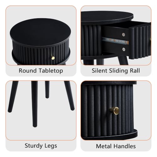 Round Fluted Side Table Set of 2, Small End Table with Fluted Drawer, Mid-Century Modern Wooden Bedside Table Round Nightstand Small Sofa Side Table for Living Room(Black) - color: Black, size: 15.7"D x 15.7"W x 23.6"H