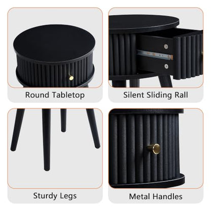 Round Fluted Side Table Set of 2, Small End Table with Fluted Drawer, Mid-Century Modern Wooden Bedside Table Round Nightstand Small Sofa Side Table for Living Room(Black) - color: Black, size: 15.7"D x 15.7"W x 23.6"H