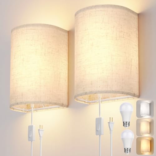 OCATO Plug in Wall Sconces Set of Two Wall Lights Lamp with On/Off Switch | 3000K 4500K 6000K Selectable Fixtures Fabric Linen Shade Wall Decor Wall Lights for Bedroom Living Room Hallway Indoor - color: Beige