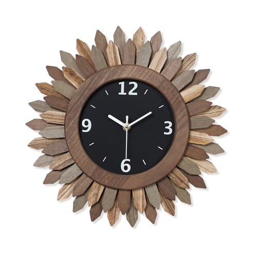 14 Inch Wall Clock, Rustic Wood Boho Sunburst Decorative Wall Clocks Battery Operated Silent Non Ticking Farmhouse Small Wall Clocks for Living Room Kitchen Bedroom Home Decor (Tricolor) - color: Tricolor, size: 14 inch