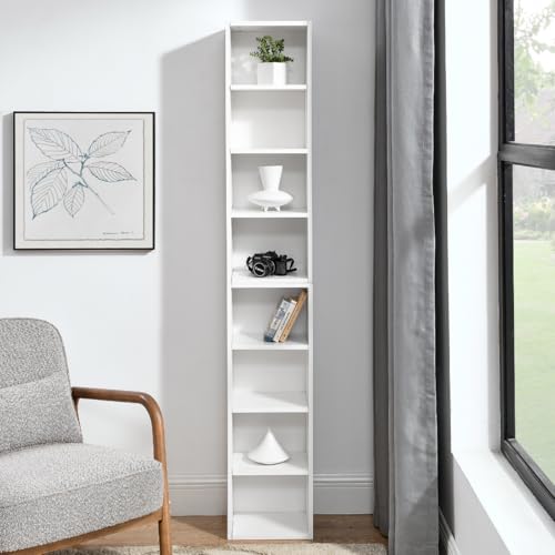 Tall Narrow Bookshelf,8-Tiers Bookcase with Adjustable Shelves,Double-Decker Combination Thin Media Tower Rack,CD DVD Slim Storage Cabinet for Living Room,Bedroom,Studio and Office (White, 71"H) - color: White