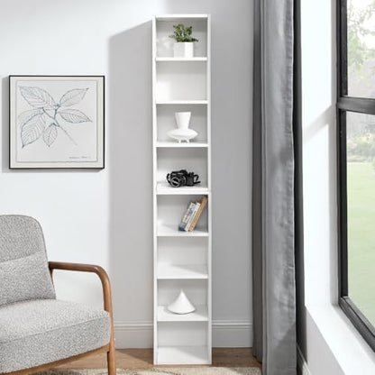 Tall Narrow Bookshelf,8-Tiers Bookcase with Adjustable Shelves,Double-Decker Combination Thin Media Tower Rack,CD DVD Slim Storage Cabinet for Living Room,Bedroom,Studio and Office (White, 71"H) - color: White