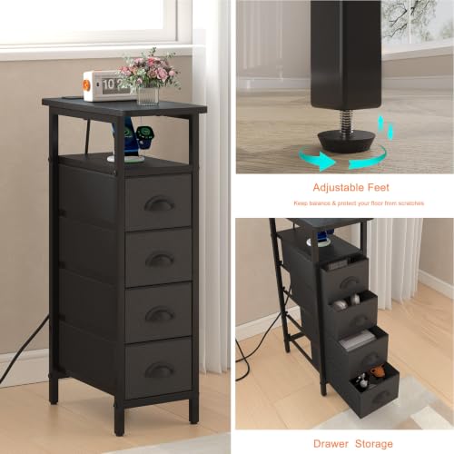 sthmec Nightstand Set 2 with Charging Station, Narrow End Table Set of 2 with 4 Drawers, LED Side Table with Fabric Drawers,Slim Sofa Couch Tables for Small Spaces,Living Room,Bedroom, Black - color: Black, style: Power & LED
