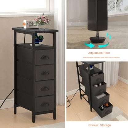 sthmec Nightstand Set 2 with Charging Station, Narrow End Table Set of 2 with 4 Drawers, LED Side Table with Fabric Drawers,Slim Sofa Couch Tables for Small Spaces,Living Room,Bedroom, Black - color: Black, style: Power & LED