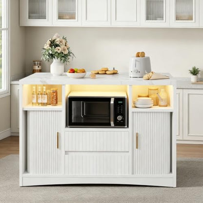 Kitchen Island with Storage, Island Table for Kitchen with Power | Outlet & LED Light, Rolling Buffet Cabinet with Sliding Door, 2 Drawers, Microwave Cart, Large Faux Marble Countertop, White - color: White