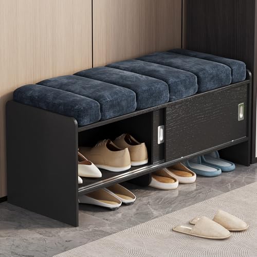 Miuuod Shoe Storage Bench Rack with Cabinet & Cushion Seat,43.3" Entryway Wooden Organizer Ottoman, Narrow Hallway Furniture with Tier Shelves, Hidden Door Storage for Bedroom, Living Room, Dorm - color: Blue, style: Minimalist