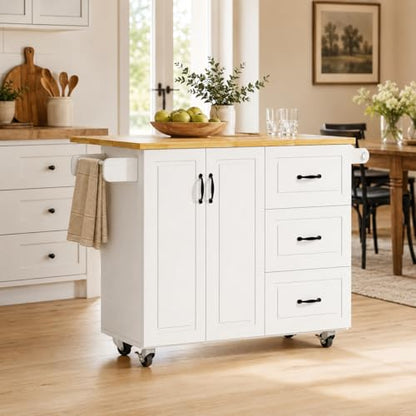 4 EVER WINNER 43" Kitchen Island with Drop Leaf, Rolling Kitchen Island | Modern Design, 4 Wheels, 3 Storage Drawers, Spice Rack & Towel Rack, for Kitchen Dining Room, White - style: Modern