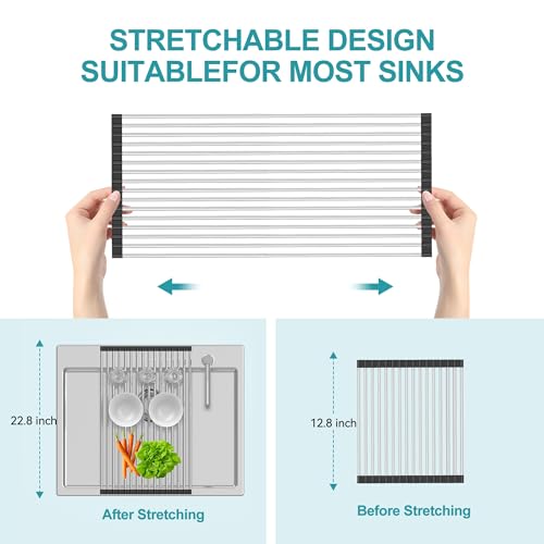 Extra Large Expandable Roll Up Dish Drying Rack,Over The Sink Drying Rack Sink Cover Kitchen Sink Accessories Kitchen Rolling up Stainless Steel Drainer, Foldable,Rollable（Black，22.8''-12.4''） - color: Black